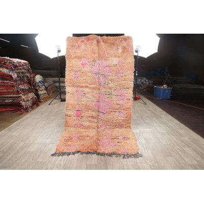 Tapis décoratif en laine de conception unique 4 pi 6 po x 8 pi 8 po noué à la main 1970s