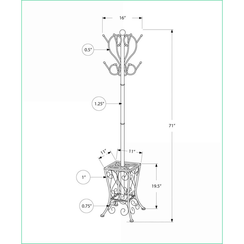 Coat Rack Hall Tree, 8 Hooks &amp; Umbrella Holder 71"H Transitional Free Standing | Black | Metal