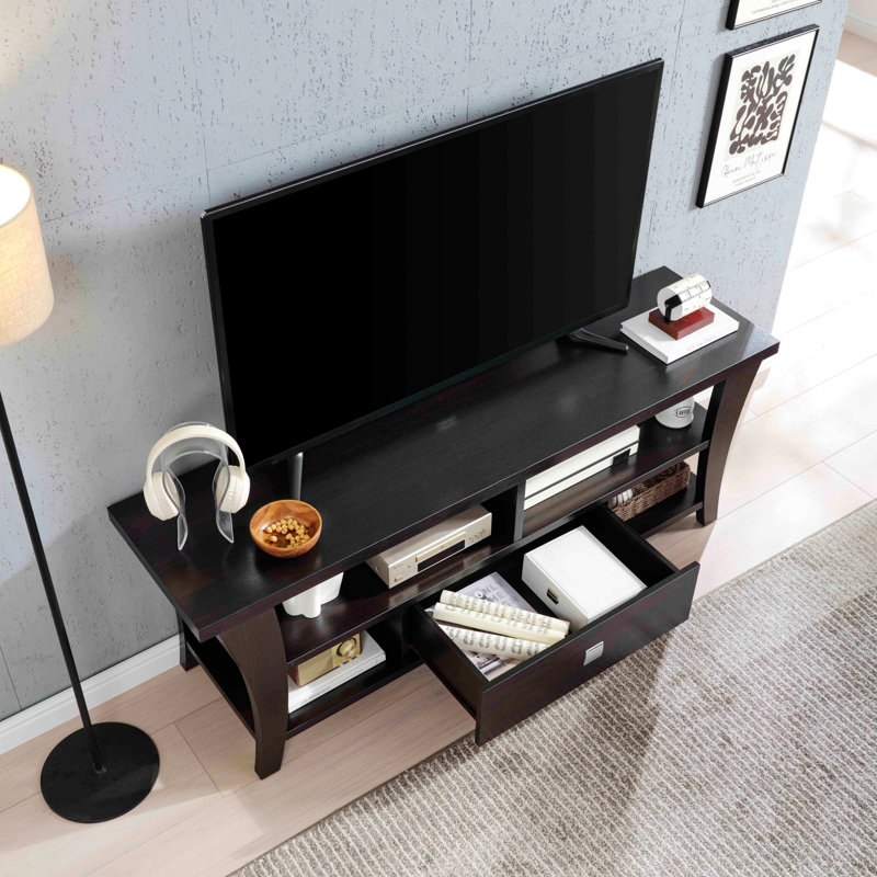 Meuble télé avec pieds courbés et un tiroir sur glissières en métal Poignée carrée en métal Design moderne Tablette divisée Deux casiers