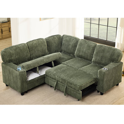 Lit modulaire en L Olive Olive avec 5 sièges, compartiments de rangement et charge de type c