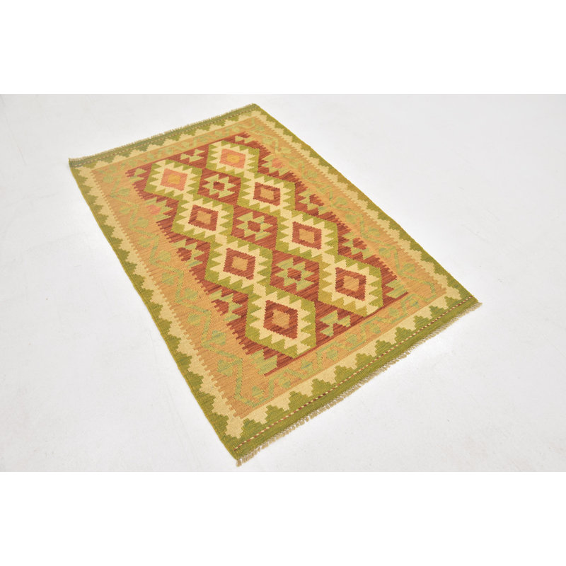Tapis en laine rouge/vert 3 pi 2 po x 4 pi 10 po one-of-kind à la main-noué la new age Elland