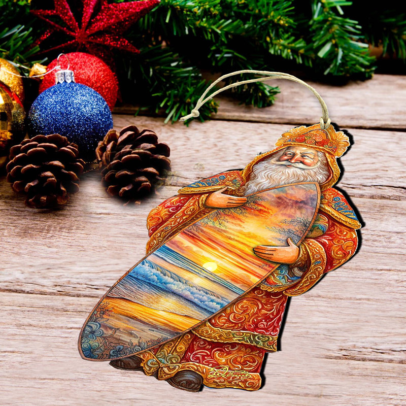 Ornements en bois «Santa's Tropical Surf Ride» par G. Debrekht