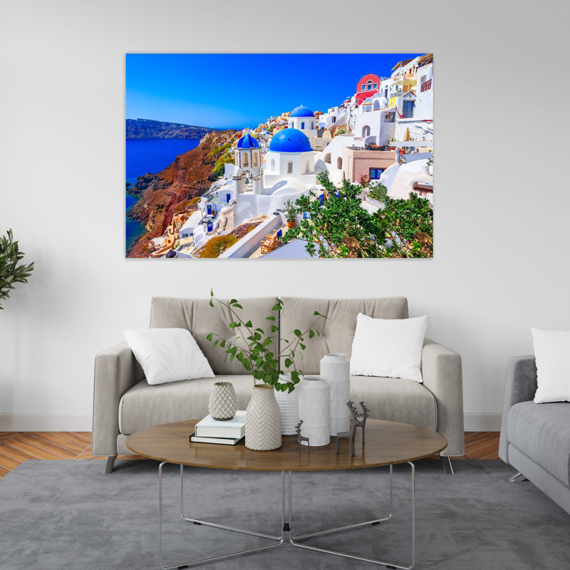 «Santorini Charm», reproduction d'art acrylique, H 12 po x l 18 po x P 1 po, Encadrement doré