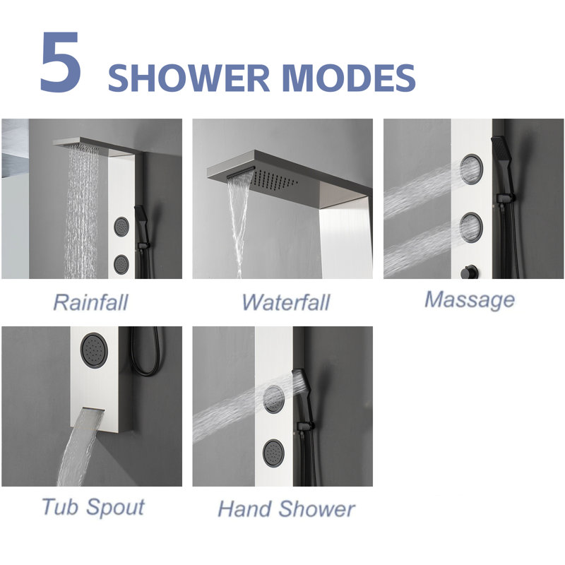 Double système de panneau de douche 4-en-1 à 3 jets avec pomme de douche à pluie et baguette de douche, Nickel