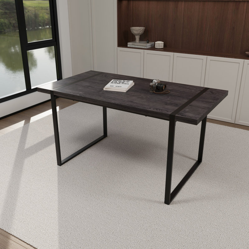 Table de salle à manger rectangulaire, 59 po noir, pieds en métal, 1,5 po d'épaisseur, convient à 4 à 6 personnes, cuisine noire avec cadre, plateau épais, meubles