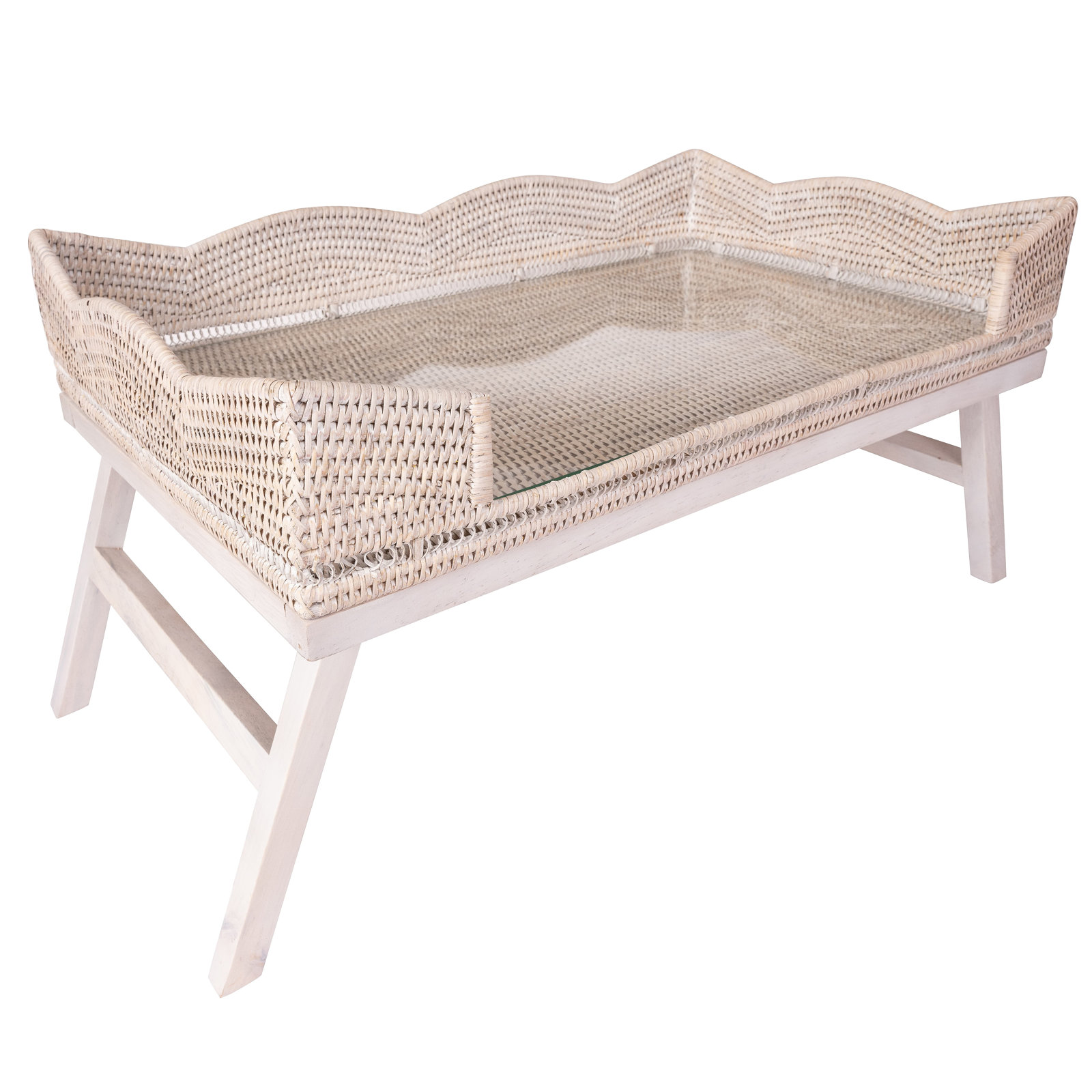 Scallop Design Breakfast Tray With Glass Insert, White Wash