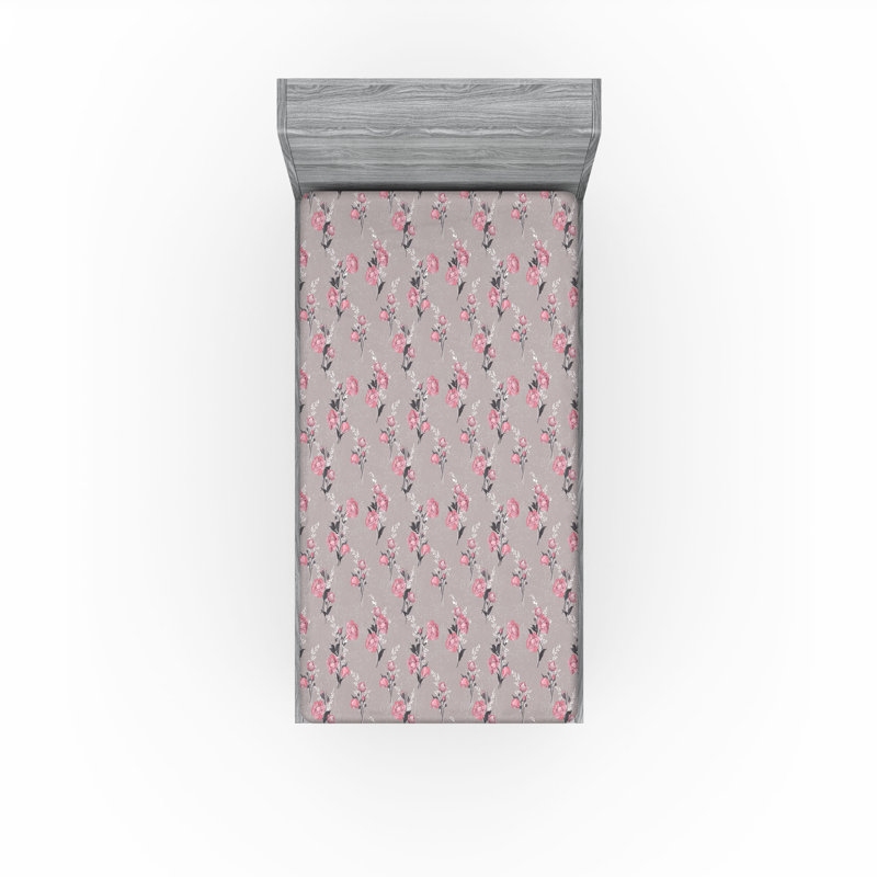 Ambesonne Nature Fitted Sheet Leaves Botanical Style Art, Twin Fitted Sheet, Dimgray Blush Floral