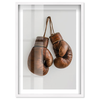 Brown Boxing Gloves Shadowbox Print Sports Framed Prints by Notoriart, White Frame, 21 x 31