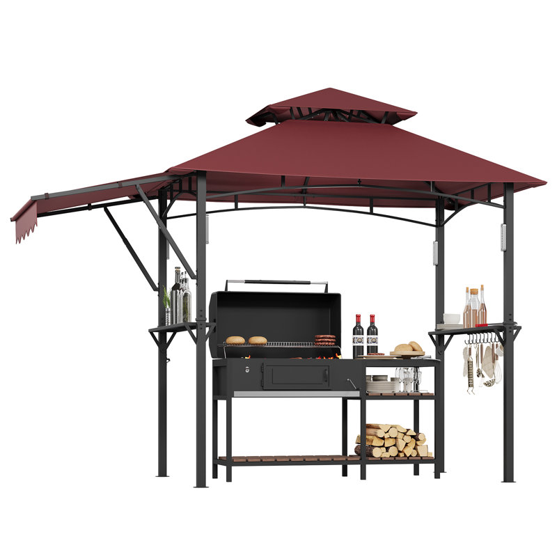 Heavy Duty Double-Tier Grill Gazebo – 8x5 ft Steel BBQ Canopy with Side Awnings, 2 Shelves, 10 Hooks, Ceiling Hook, 4 LED Lights – Vented Roof Outdoor Patio Shelter for Backyard, Deck – Claret