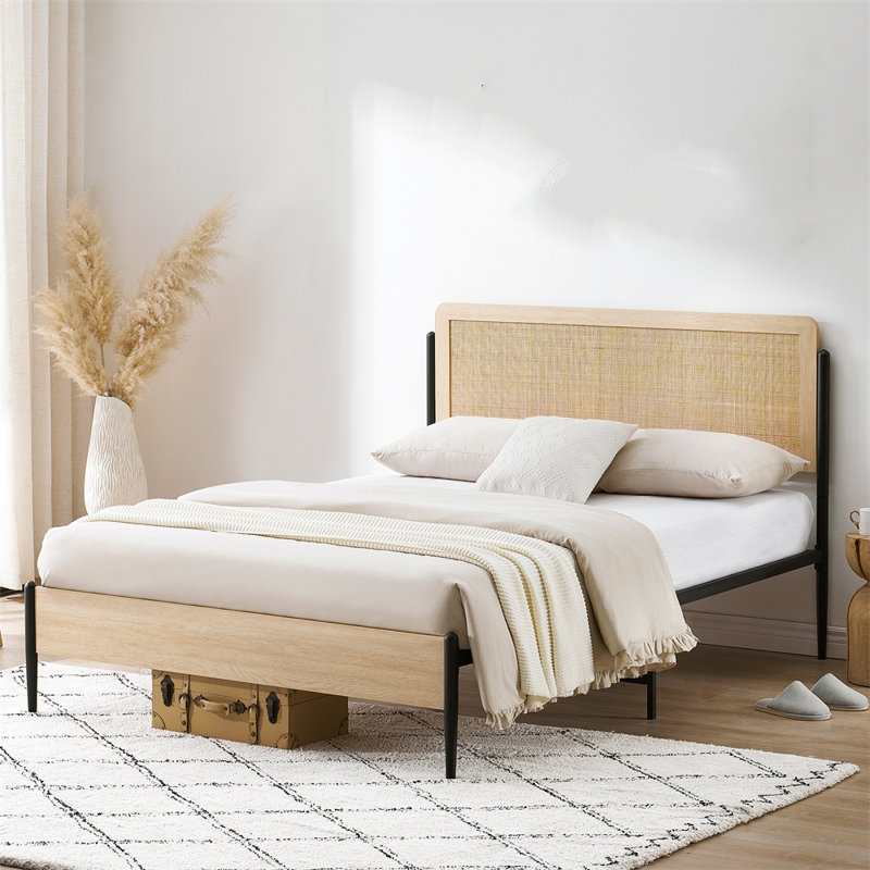 Bed Frame Full Size, Modern Platform Bed Frame With Rattan Headboard Metal Slat Support Bed Frame With Storage-Oak Full, Full
