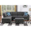 3 pièces, gris anthracite foncé, canapé modulaire, console porte-gobelet, visionnage de films et de télévision, coussins décoratifs, rangement, structure solide, similicuir, rembourrage en mousse en forme de L gris
