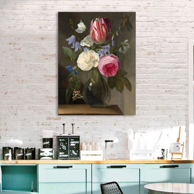Roses And ATulip In A Glass Vase by Jan Philips Van Thielen - Wrapped Canvas Print