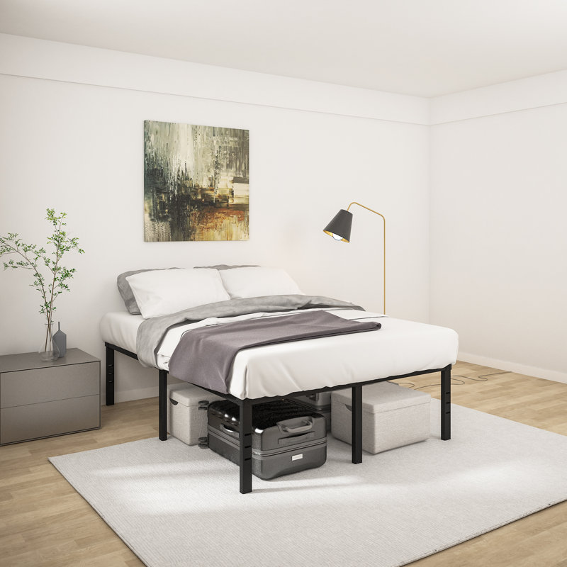 Structure de lit en métal de 18 po, très grand sommier sans fente, fentes pour fixation de la tête de lit, pas de bruit, 18"