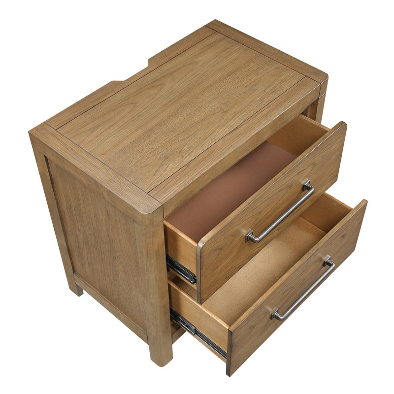 Table de chevet moderne à 2 tiroirs brun clair avec prises de courant et ports USB