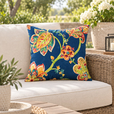 Housse de coussin d'extérieur bleu marine à motif floral avec garniture, en polyester résistant à l'eau