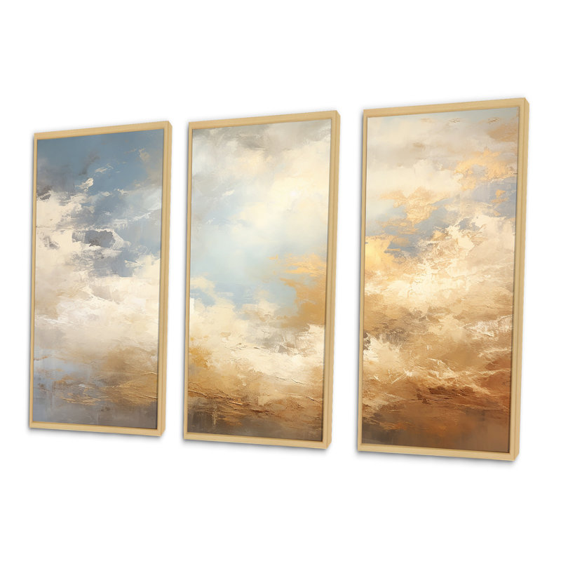 Beige Gold Minimalism Clouds V - Clouds Wall Decor Set, 28" H x 36" W x 1" D, Natural Floater Framed