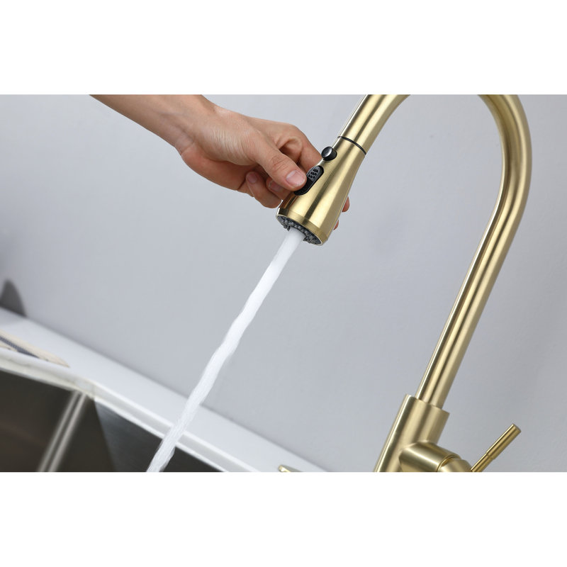 Brushed Gold Pull-Out Spray Kitchen Faucet, Stainless Steel Configuration, 360 Rotatable Nozzle, Corrosion & Rust Aspect