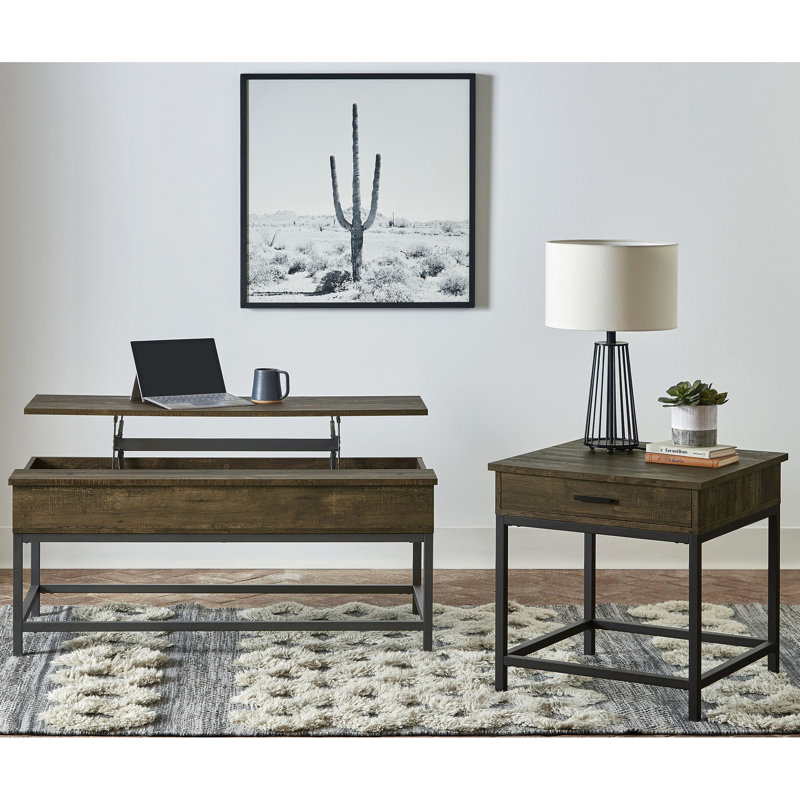 Ensemble de 2 tables basses et d'appoint rustiques en chêne brun clair, avec plateau relevable pour la préparation des crêpes, tiroir de rangement pour la pâte, structure en bois d'ingénierie, jeux de société et sous-verres inclus.