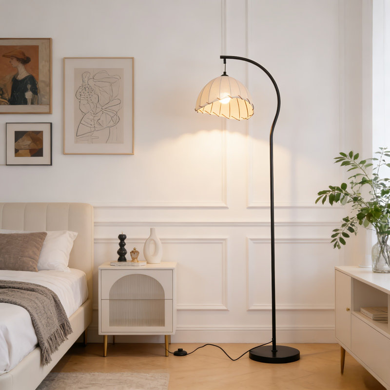 61"H Arc Crescent Floor Lamp With Fabric Shade, Black Metal, E26 Warm Bulb Included