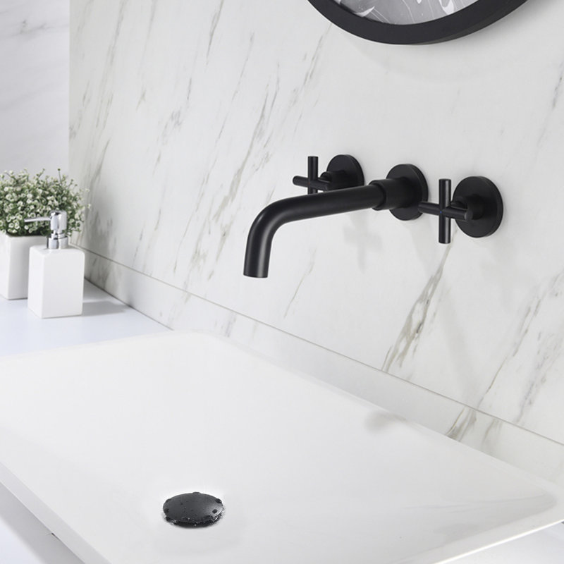 Wall Mounted Bathroom Sink Faucet With Double Handles And Pop - Up Drain For Sinks Without Overflow, Stainless Steel Brass Material, Splash Aerators, Economical Installation Process Composition, Cost