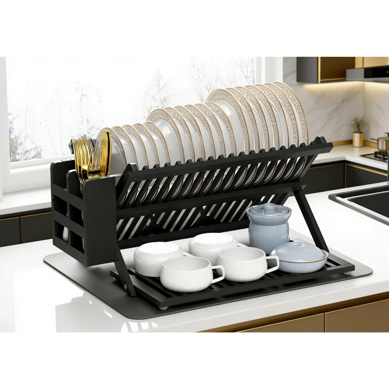 3 Tier Collapsible Wooden Dish Drying Rack With Utensil Holder And Mat, Black