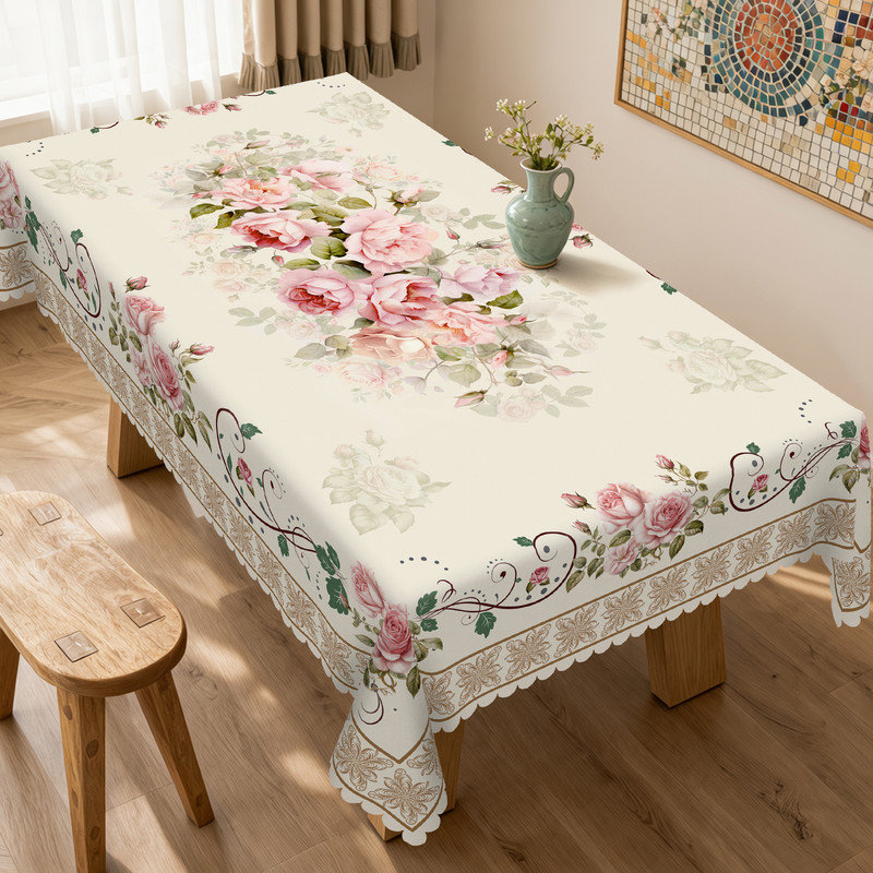 Pink Rose Floral Design Machine-Washable Polyester Tablecloth, 86.6" L x 70.8" W
