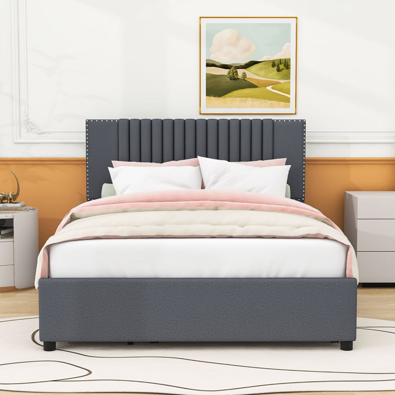 Lit plateforme tapissier à 2 tiroirs avec lit gigogne simple Grifin, Double, gris
