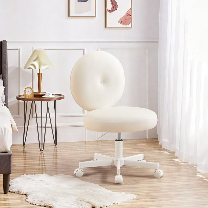 Upholstered Armless Velvet Vanity Chair, Ergonomic Height Adjustable Task Office Chair, White