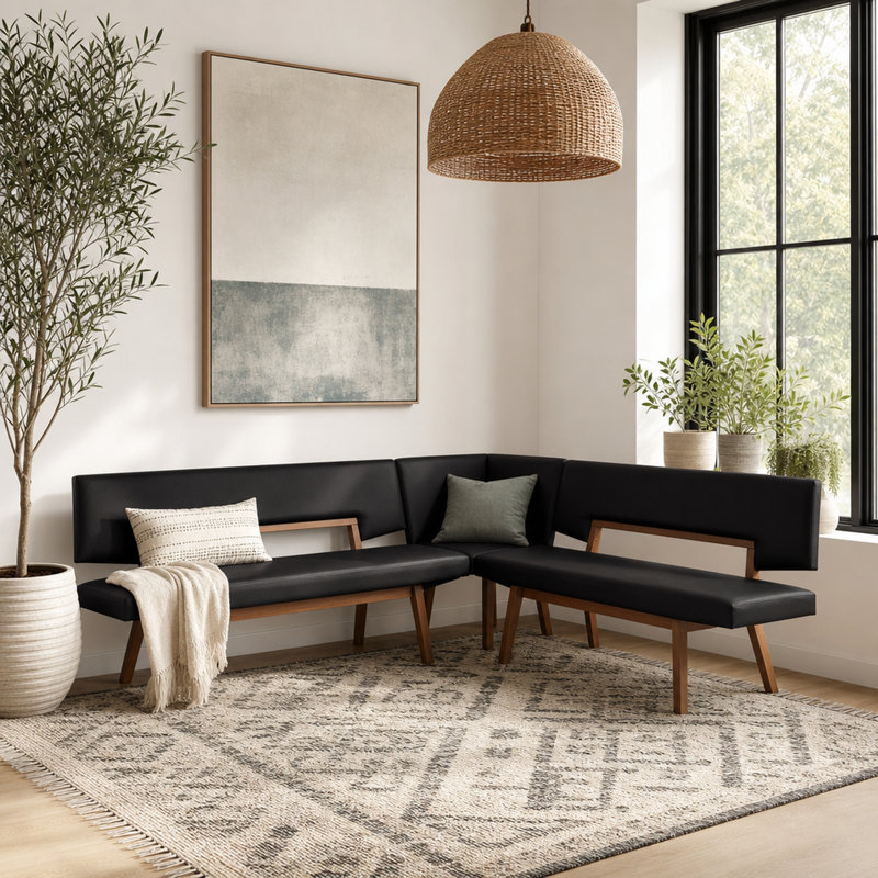 Coin-repas en bois recouvert de similicuir Jeiren de style milieu du siècle, Black