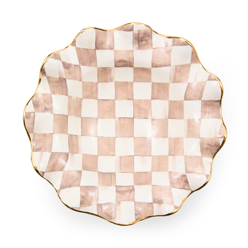 Mocha Check Ceramic Fluted Serving Bowl, 14"