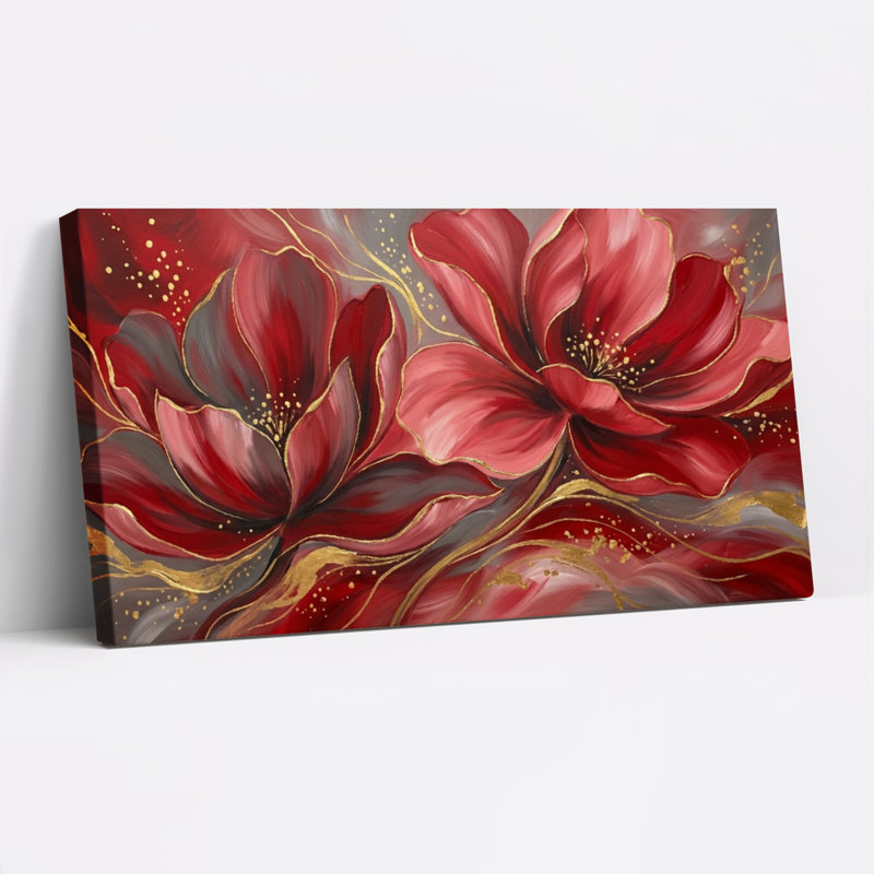 Red Floral Abstract Canvas Wrapped Wall Art Oil Painting Print Set Of 1, 5828