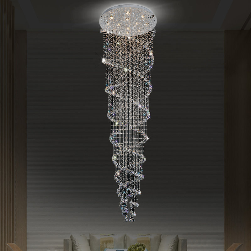 32'' 12-Light Flush Mount with Chrome Finish – For Stairwell, Foyer, Living Room – GU10 LED Compatible – Luxurious Crystal Spiral Design