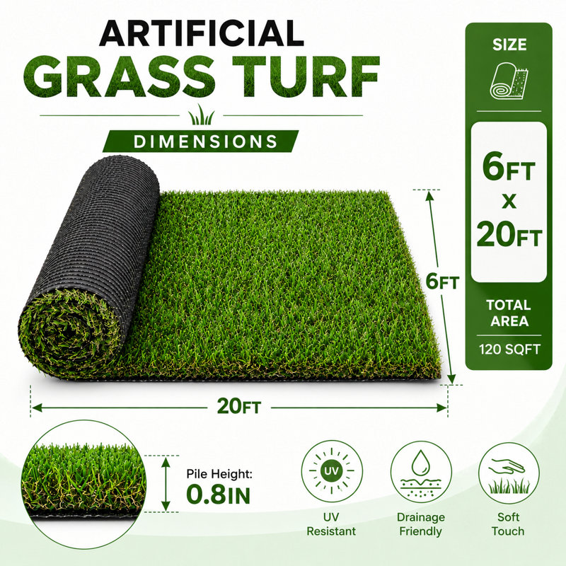 Tapis de gazon artificiel 6 pi x 20 pi avec une hauteur de poils de 0,8 po pour le patio, le balcon et la décoration photo