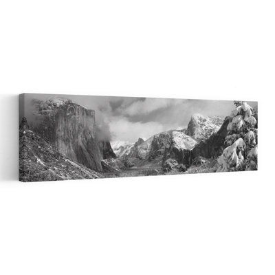 Mountains And Waterfall In Snow, Tunnel View, El Capitan, Half Dome, Bridal Veil, Yosemite National Park, California, Abstract Contemporary Lan...