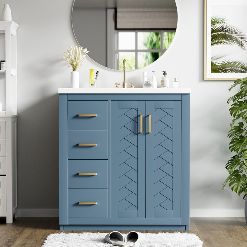 Bathroom Vanity With Ceramic Sink, Wood Frame Bathroom Storage Cabinet With Drawers And Soft Closing Doors, Indigo