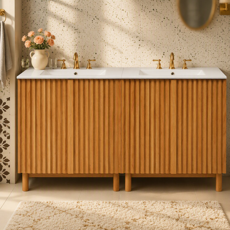 Ensemble de meuble-lavabo 59,8 po avec lavabo en céramique, style américain traditionnel, pieds en bois, structure en panneau de fibres à densité moyenne, portes à fermeture en douceur avec tablette réglable en forme de U, patins en plastique