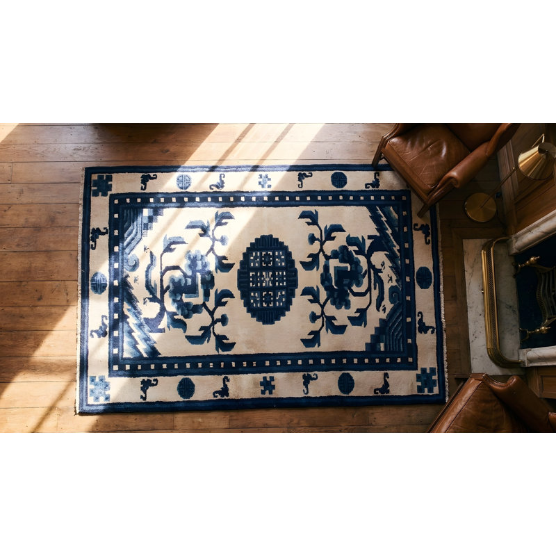 White and Blue Color Antique Chinese Scatter Size Peking Rug