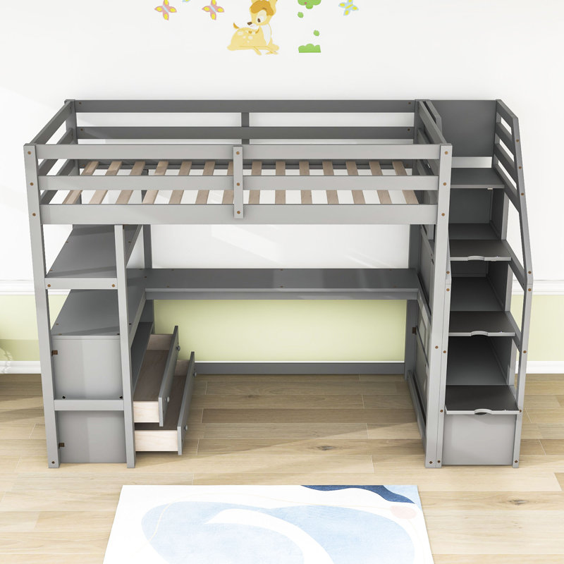 Helmuts Kids Loft Bed with Drawers, Twin, Gray