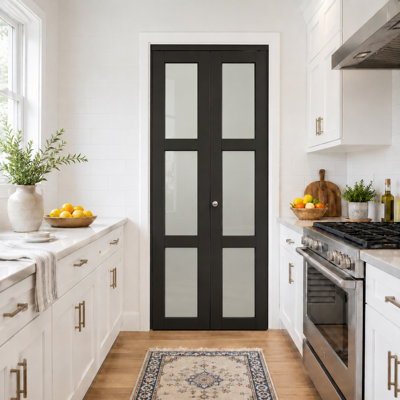 36" x 80" 3-Lite Frosted Glass Solid Core Manufactured Wood Bi-Fold Doors With Hardware Kit,Black.(Ideal for Closet,Pantry,Laundry,Bathroom)