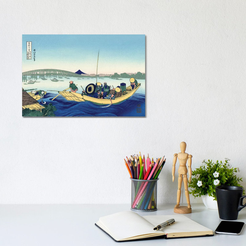 Sunset Across the Ryogoku Bridge from the Bank of the Sumida River at Onmagayashi in Edo, C by Katsushika Hokusai - 1 Piece Wrapped Canvas Wall Art