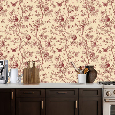 Peel and Stick Wallpaper Vintage Botanical red floral butterfly flowers leaves  natural Contact Paper Removable Self Adhesive Wall Mural Wall Decor for Bedroom Kitchen Cabinets 24in x 118in