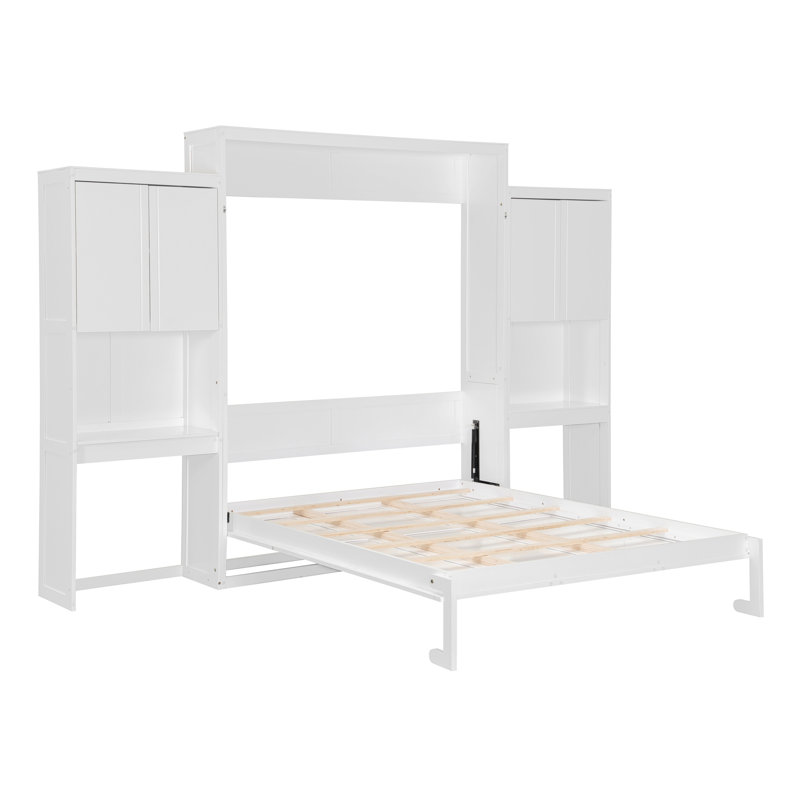 Grand lit escamotable avec bureau et coiffeuse, unité de lit murale blanche peu encombrante avec armoires de rangement