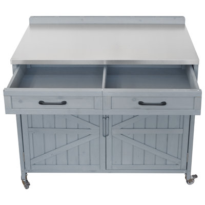 Îlot de cuisine 39,4 po avec plateau en acier inoxydable, armoire de rangement avec un grand tiroir, tablettes réglables, tablettes de rangement internes et 4 roulettes pour la préparation de pizzas, gris-bleu