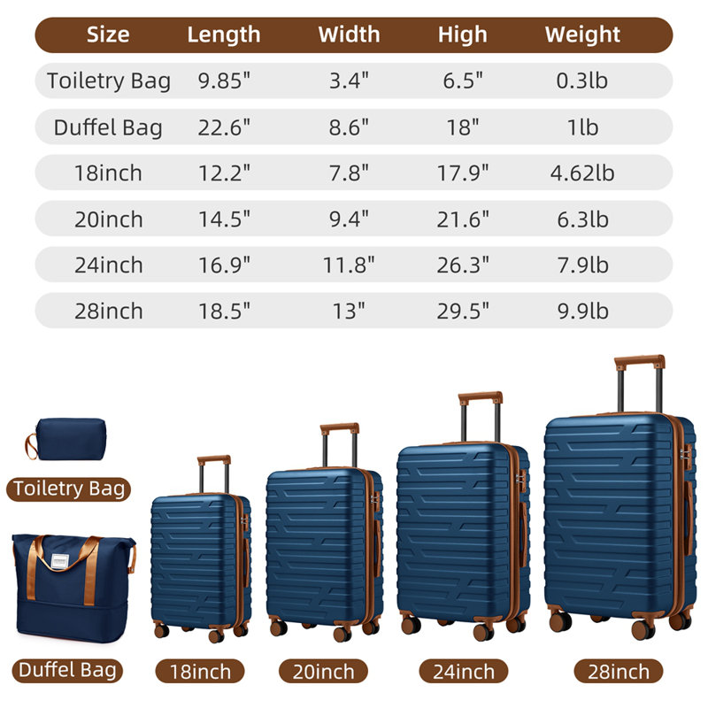 Ensemble de 6 valises avec sacs de voyage, valises rigides extensibles avec roulettes à verrou TSA