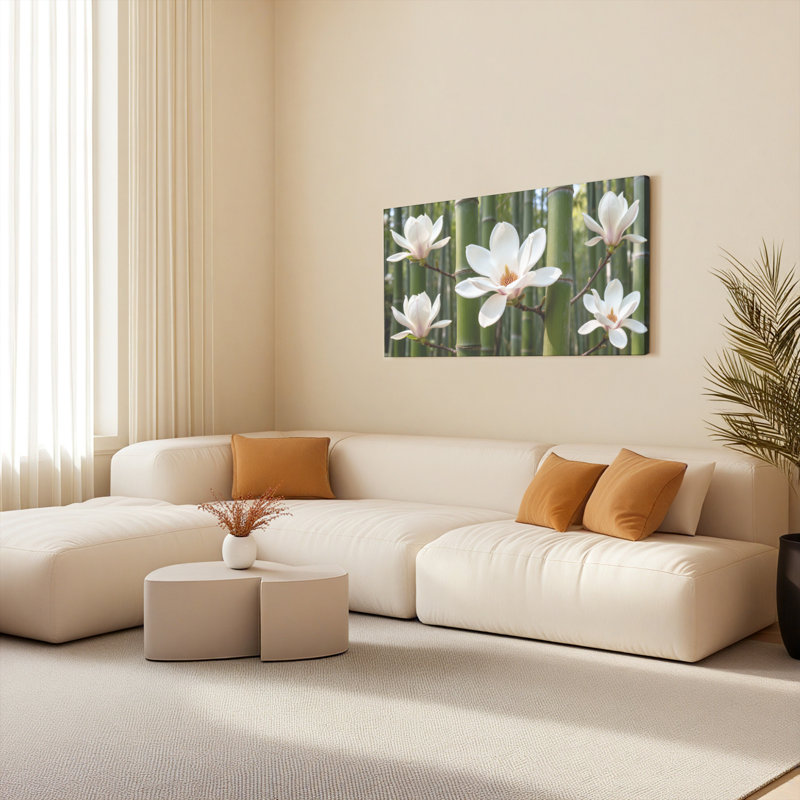 Fleurs de magnolia blanches et toile de bambou tendue sur toile tendue, ensemble de 1, H 12 po x l 36 po