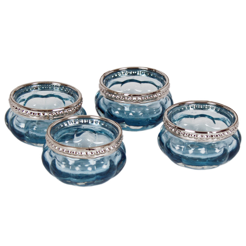4 Piece Glass Tabletop Tealight Holder Set, Blue
