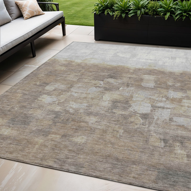 Taupe And Silver Abstract Washable Indoor Outdoor Area Rug, Rectangle 5' x 8'