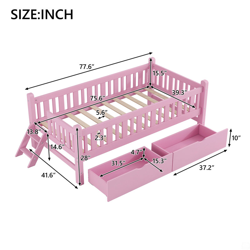 Wood Twin Size Platform Bed With Guardrail And 2 Drawers, Pink