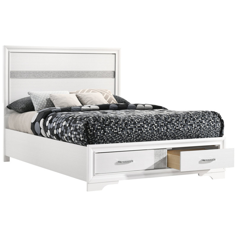 Lit à panneau double blanc avec compartiments intégrés, chambre attrayante intemporelle, poignées fonctionnelles, bois franc asiatique et panneau de particules, rangement à compartiments longs de 79,41 po, look polyvalent