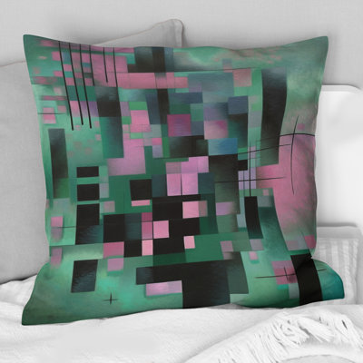 Coussin décoratif rétro à motif géométrique abstrait en vert mystérieux et rose rétro
